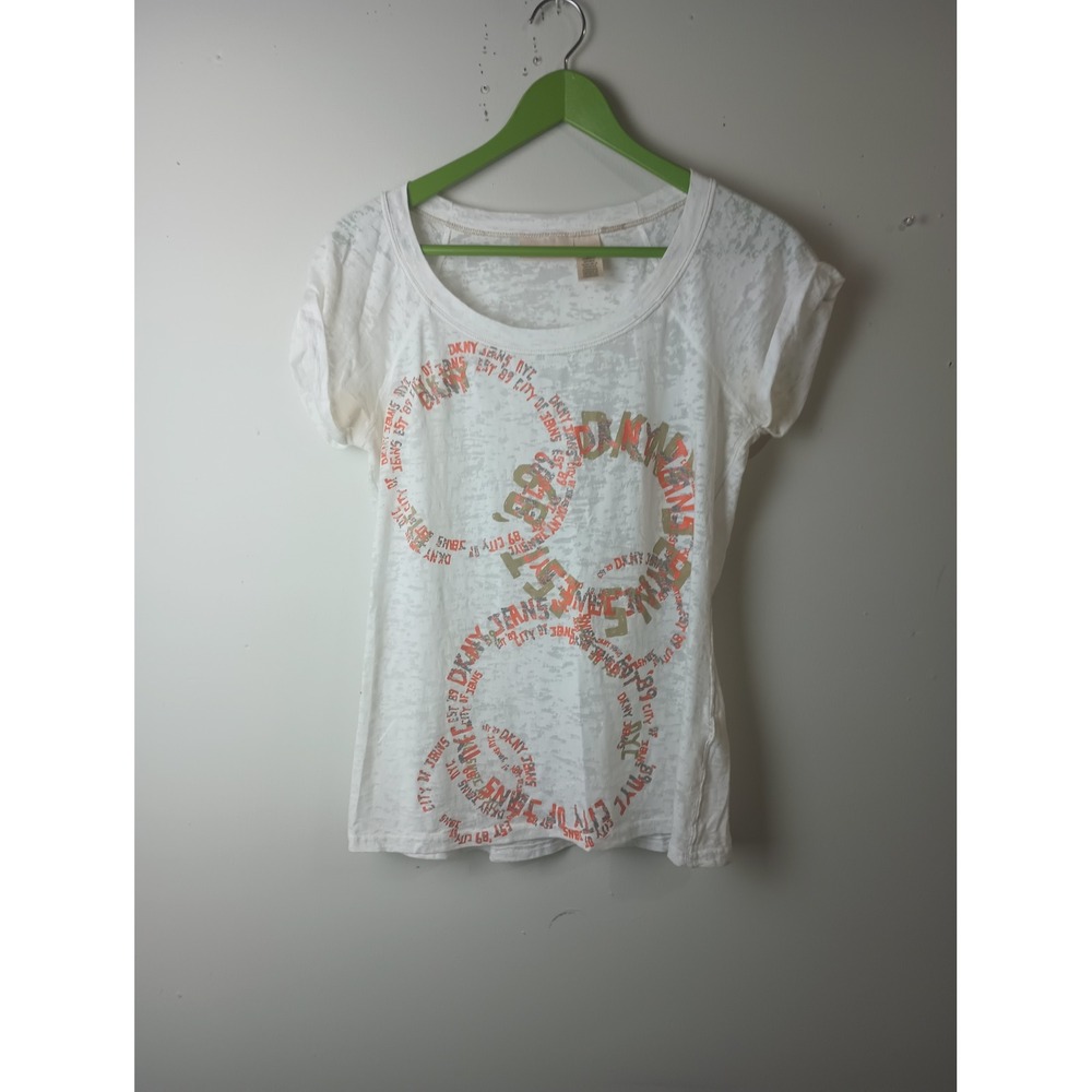 DKNY Jeans White Burnout Graphic T-Shirt Vintage Y2K Women Medium Scoop Neck
